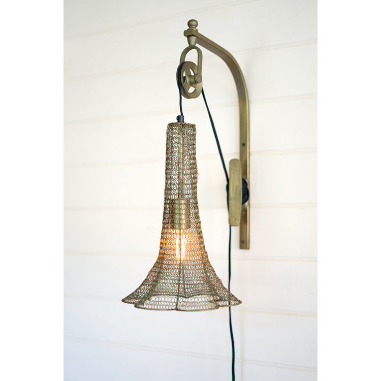 Antique Brass Pulley Wall Lamp with Wire Brass Shade