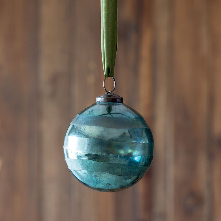 Grated Pattern Glass Ball Ornament Shiny Turquoise Medium Set/6