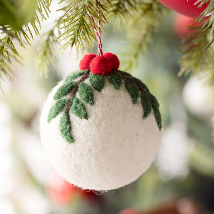 Wool Ball Ornament with Holly Top Set/6