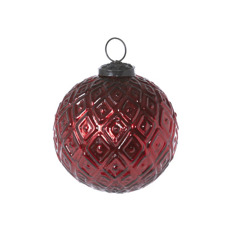 Diamond Pattern Garnet Glass Ball Ornament 4 in Set/6
