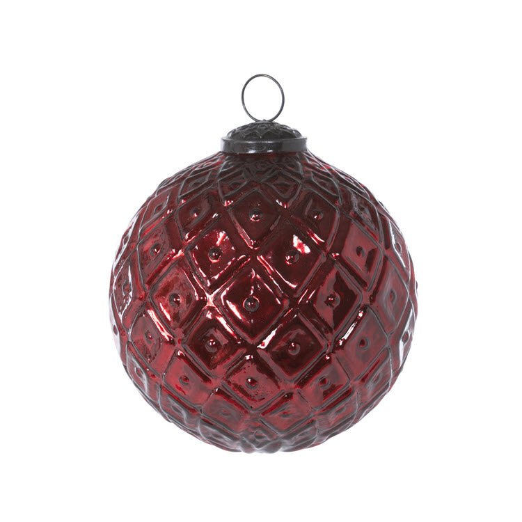 Diamond Pattern Garnet Glass Ball Ornament 5 in Set/6