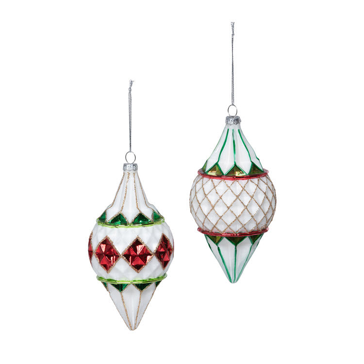 Argyle Pattern Glass Finial Ornament 2 Assorted Styles Set/6