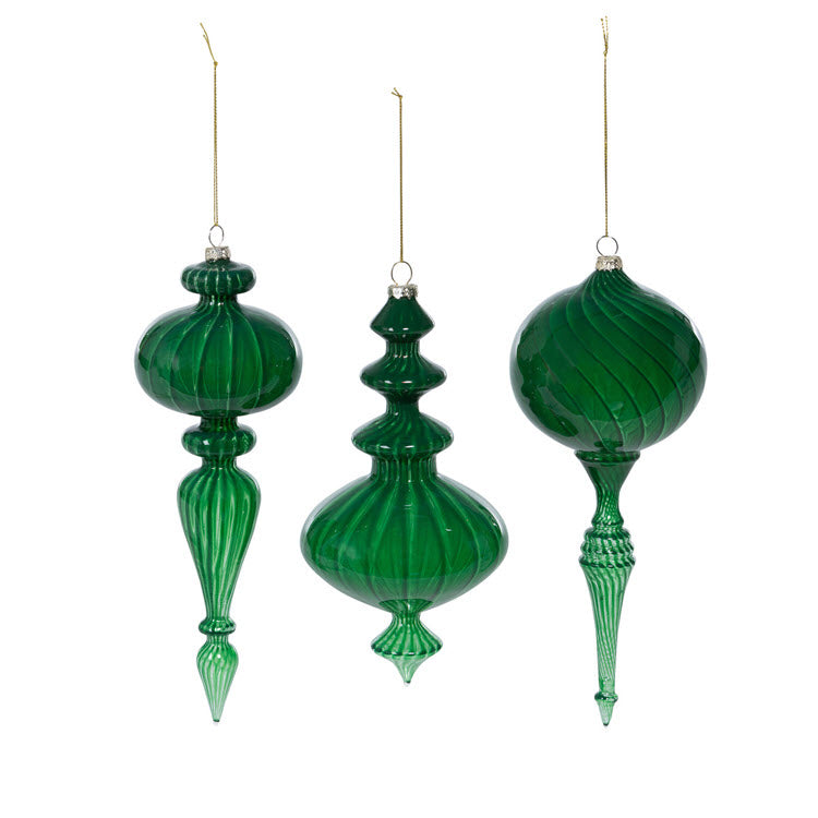 Luminous Green Glass Finial Ornament 3 Assorted Styles Set/6