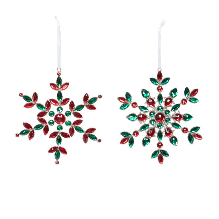 Red and Green Gem Snowflake Ornament 2 Assorted Styles Set/8