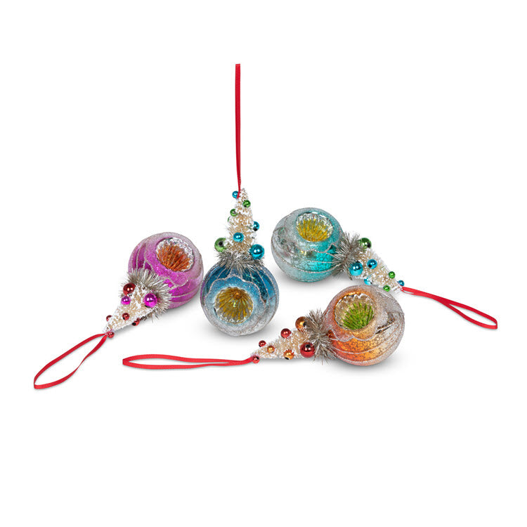 Glass Reflector Ball with Sisal Tree Ornament 4 Assorted Styles Set/12