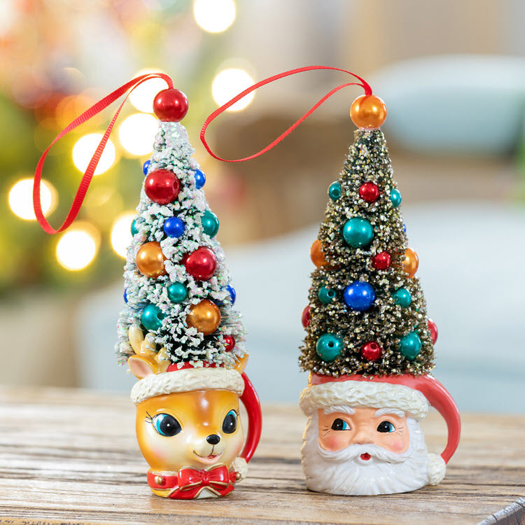 Retro Deer and Santa Mug with Sisal Tree Ornament 2 Assorted Styles Set/6