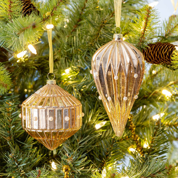 Pleated Pearl Embellished Glass Finial Ornament 2 Assorted Styles Set/6