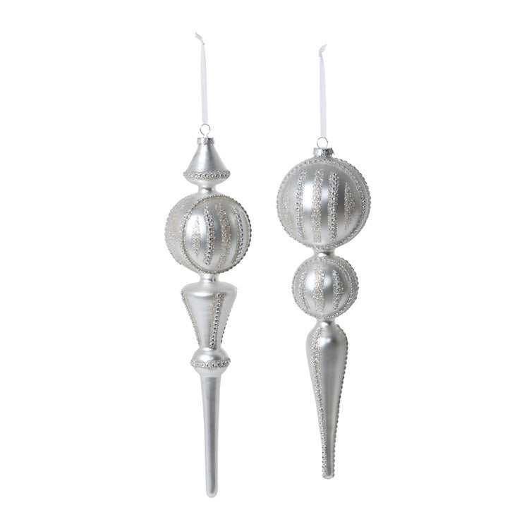 Pearl Finish with Rhinestones Glass Finial Ornament 2 Assorted Styles Set/2