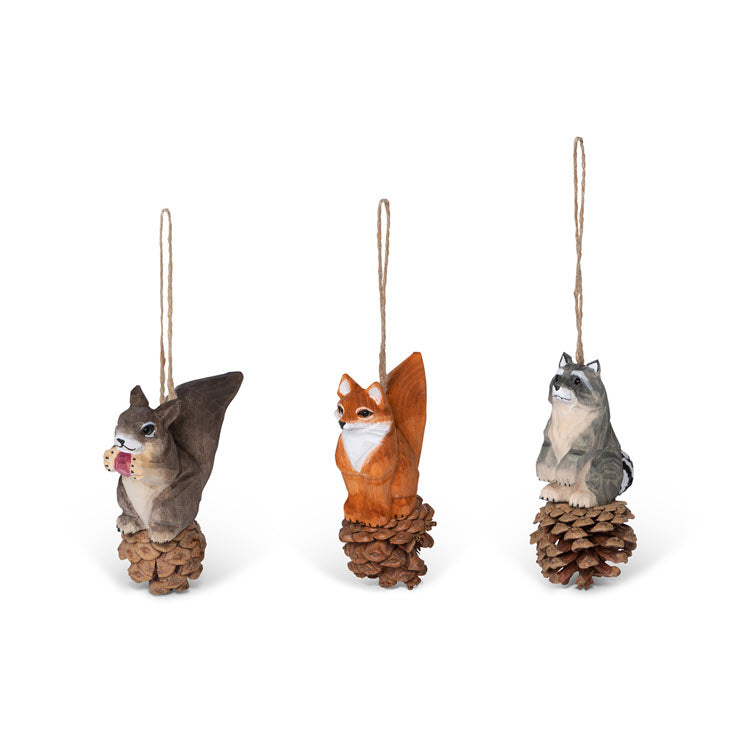 Hand Carved Wood Forest Critter Ornament 3 Assorted Styles Set/12