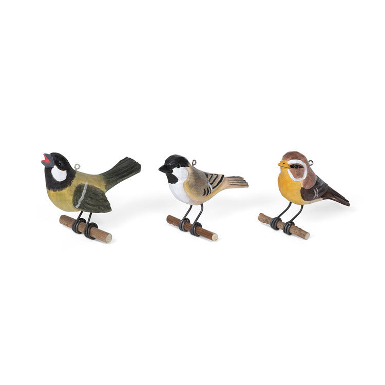 Hand Carved Wood Wildwood Bird Ornament 3 Assorted Styles Set/12