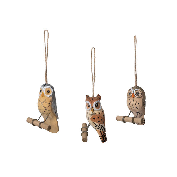 Hand Carved Wood Owl Ornament 3 Assorted Styles Set/12