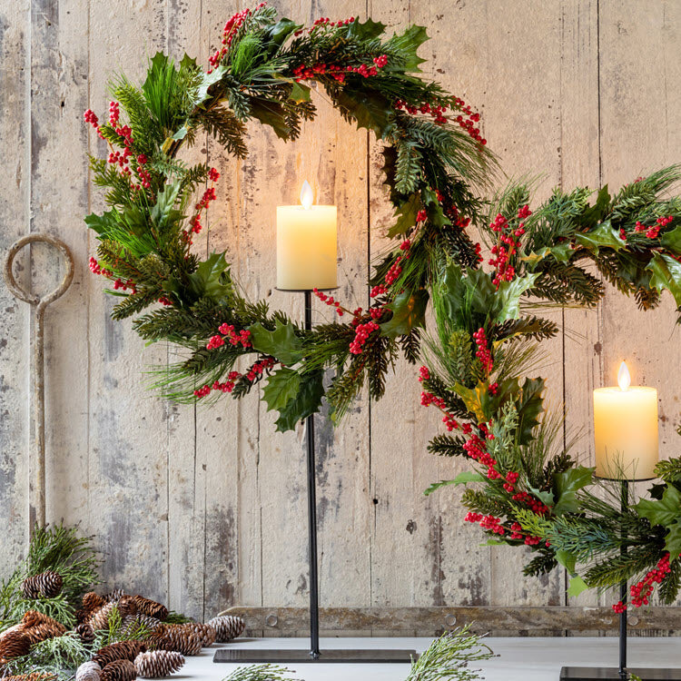 Pine and Holly Wreath on Candle Stand Tall