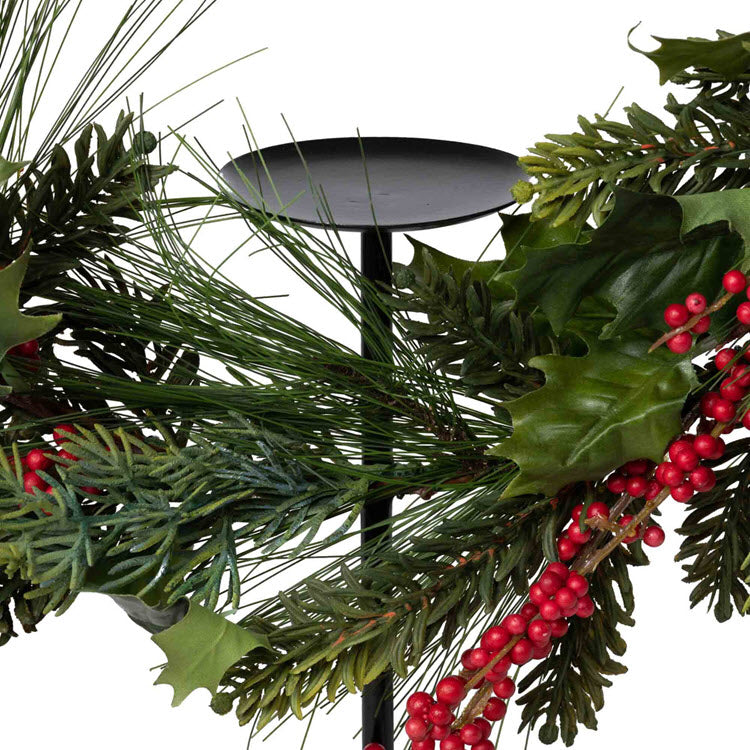 Pine and Holly Wreath on Candle Stand Medium Set/2