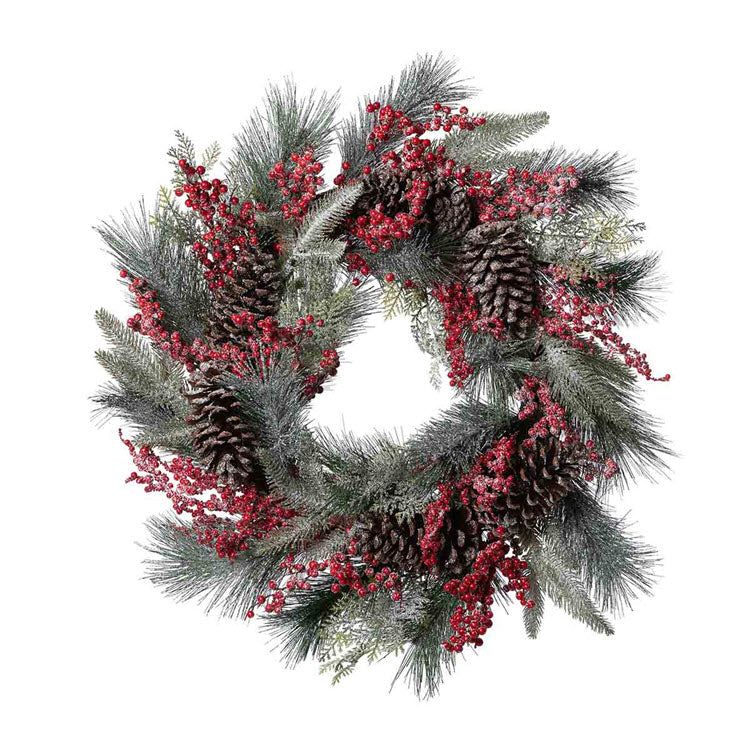 Frosted Mixed Evergreen Pine Cone and Berry Wreath Set/2