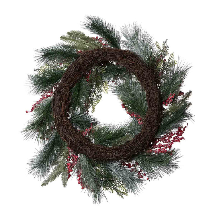 Frosted Mixed Evergreen Pine Cone and Berry Wreath Set/2