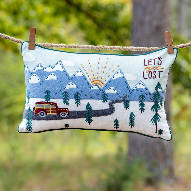 "Let's Get Lost" Appliqued Cotton Pillow