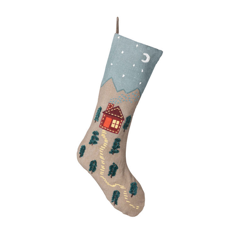 Cabin Cozy Appliqued Linen Stocking